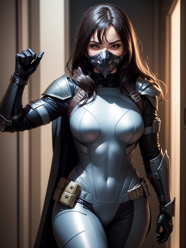 A female superhero wears a leather armored suit and wears a mask over her face in a (DC style)