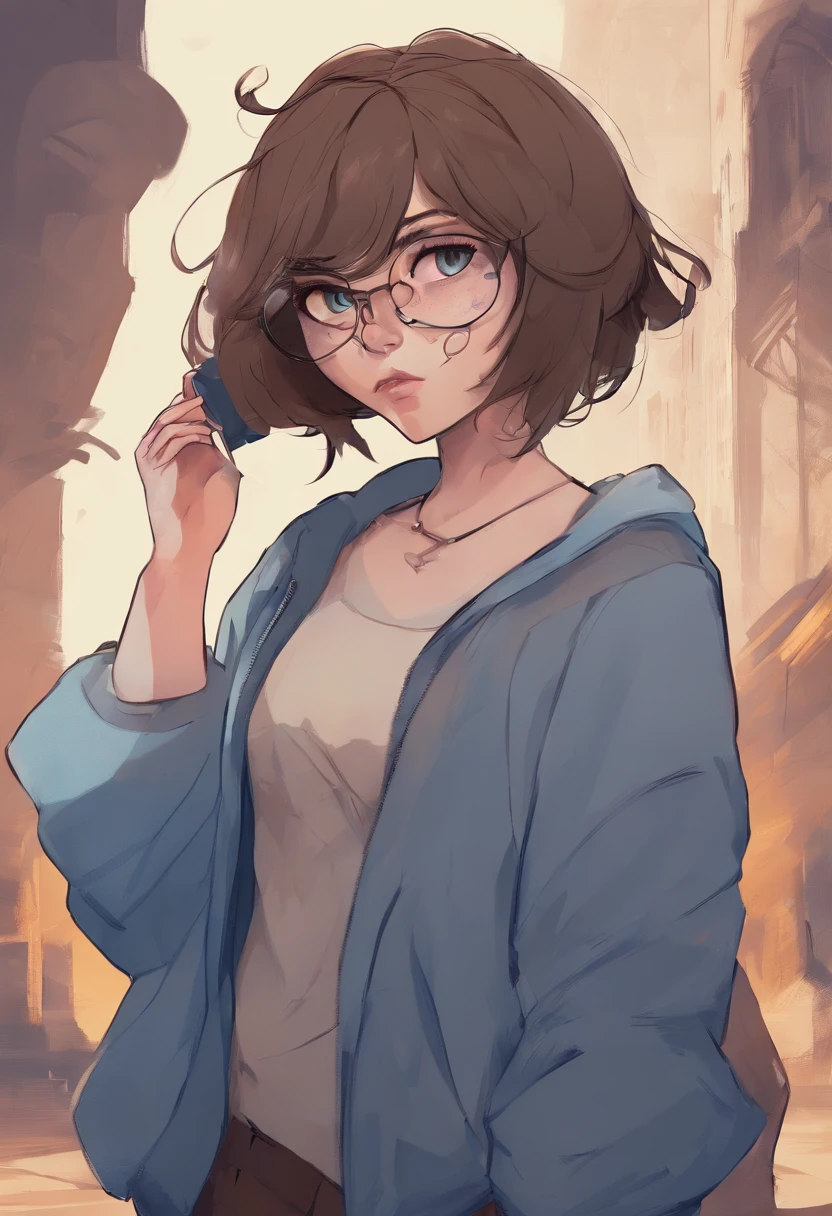 Chubby girl sad Brown short hair glasses blue eyes portrait 