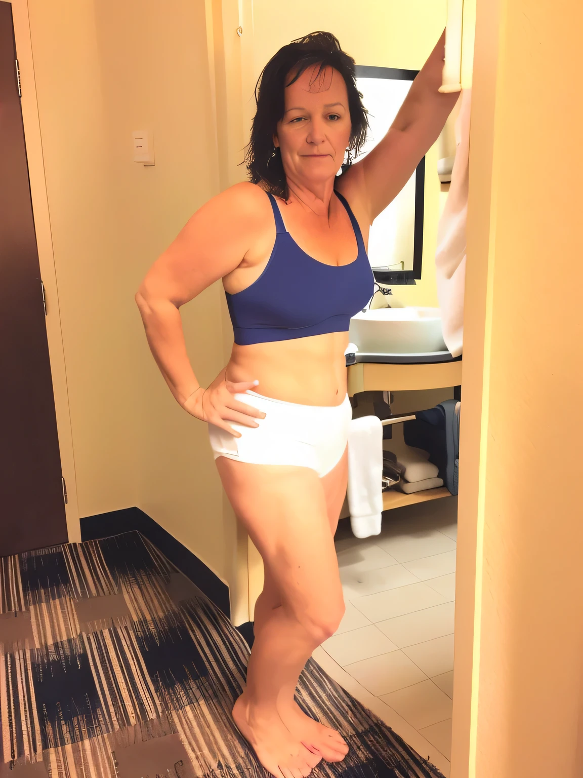 there is a woman in a blue top and white panties standing in a bathroom, she is about 50 years old, she is about 6 0 years old, she is about 40 years old, she is about 4 0 years old, she is about 7 0 years old, photo from the back, sport bra and dark blue shorts, 4 5 yo