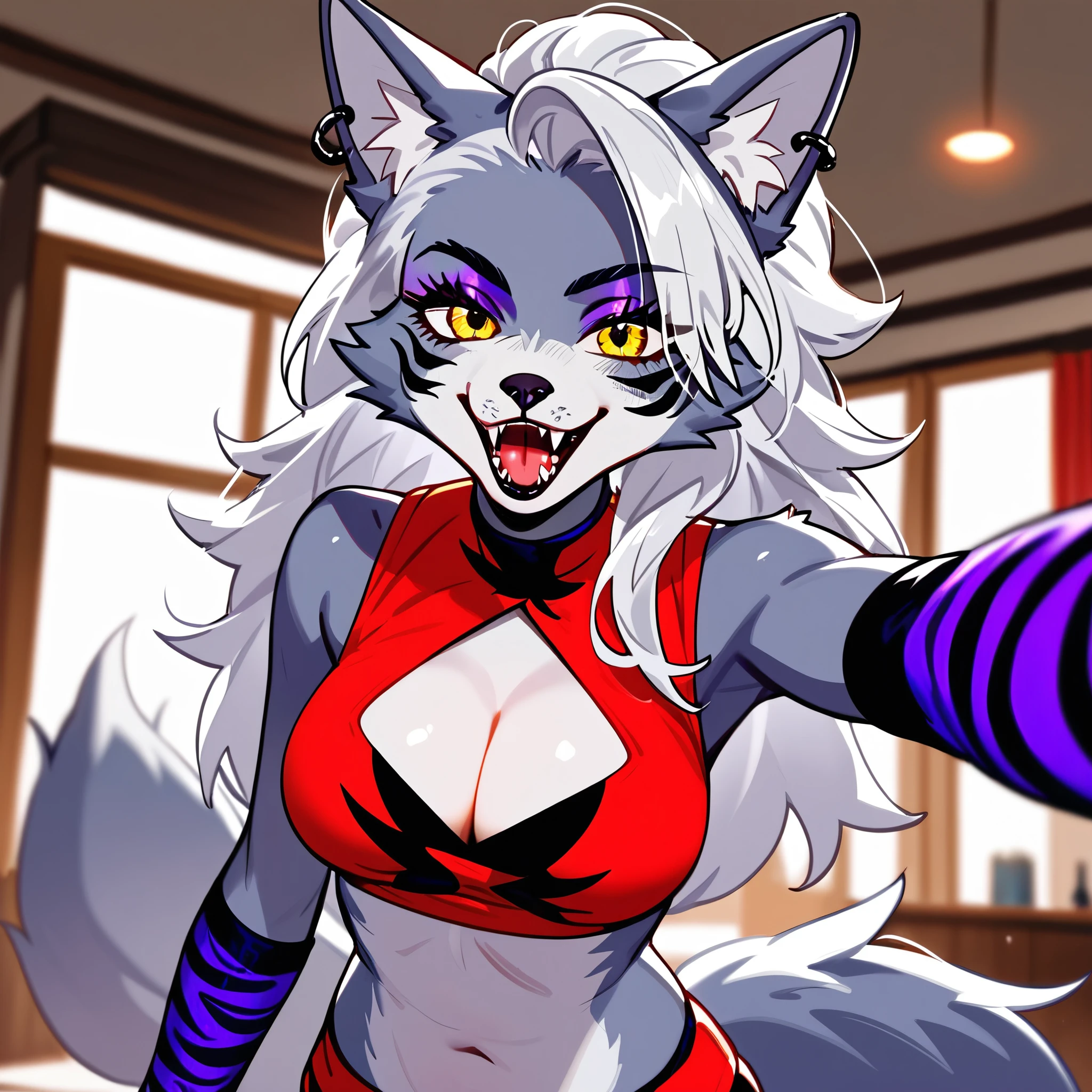 score_9,score_8_up,score_7_up, source_cartoon, source_furry, ((roxanne wolf from fnaf)), Anthro furry wolf girl, white hair with green highlight, yellow eyes, grey wolf, standing, indoors, happy, seductive pose,