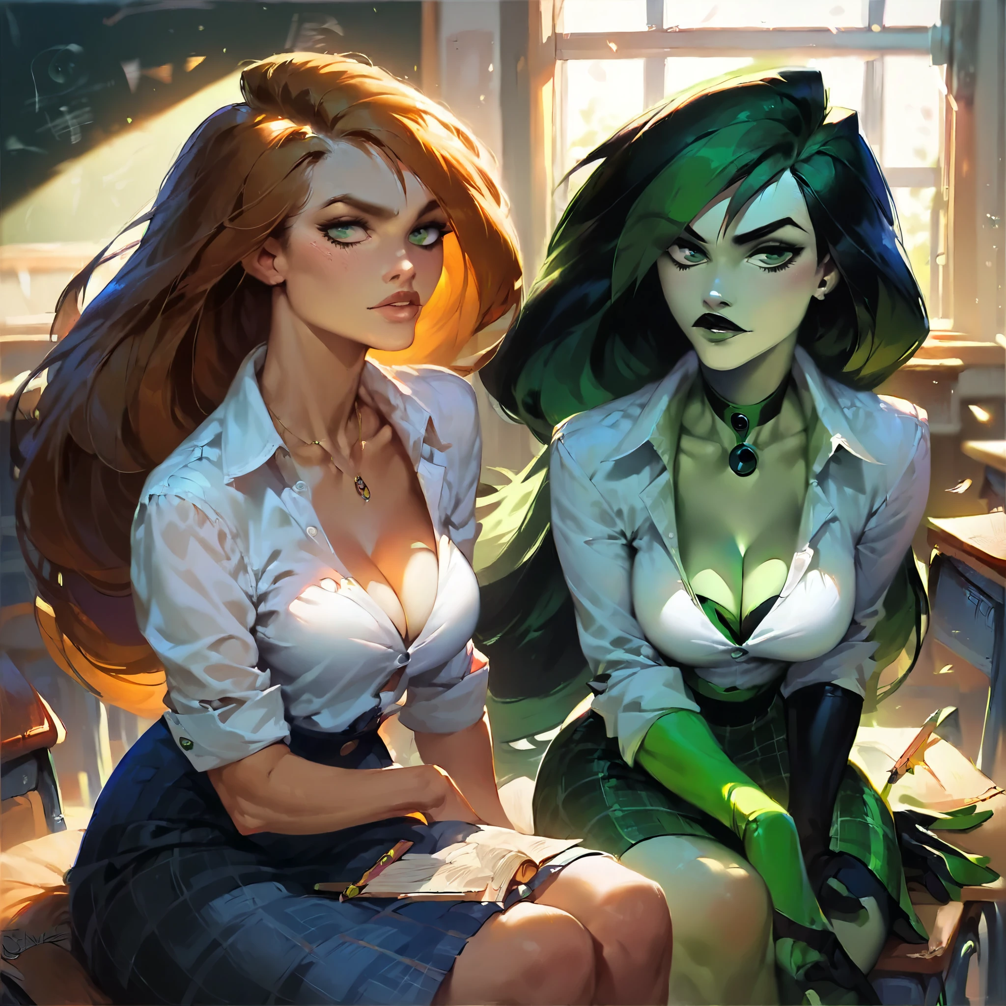 score_9, score_8_up, score_7_up, score_6_up, score_5_up, (high quality, detailed, beautiful), detailed soft lighting, rating_safe, 2girls, Shego and Kim Possible, (sitting in classroom:1.5), sexy plaid skirt, white blouse, cleavage.