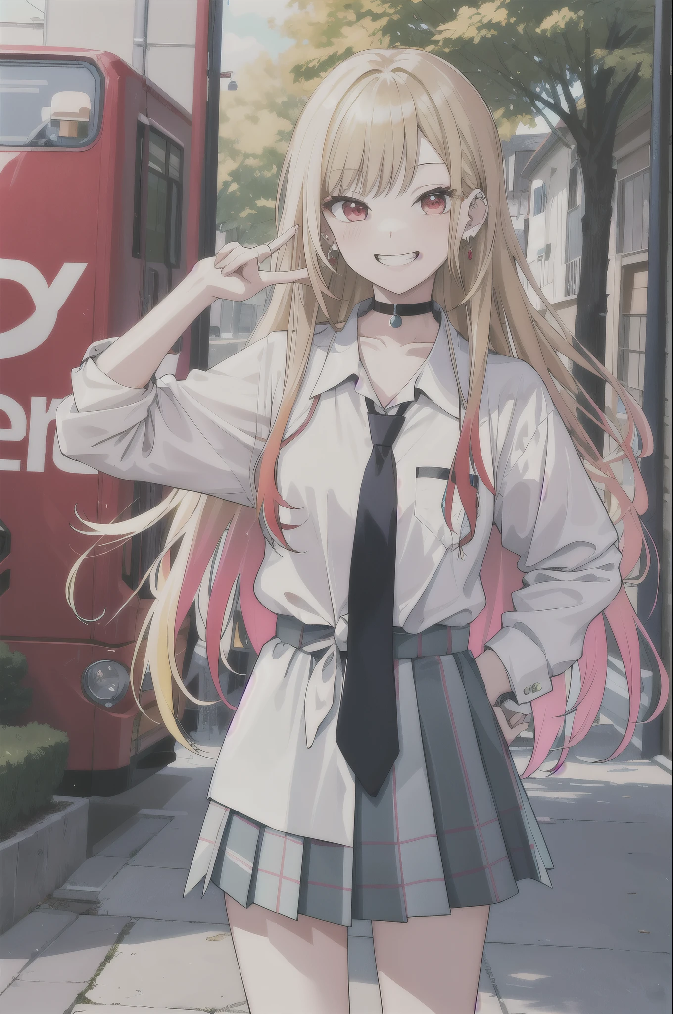 masterpiece, best quality, highres, kitagawa marin, 1girl, blonde hair, long hair, multicolored hair, red eyes, jewelry, earrings, piercing, , white shirt, tied shirt, black choker, blue necktie, plaid skirt, grin, smile, standing, cowboy shot, outdoors,