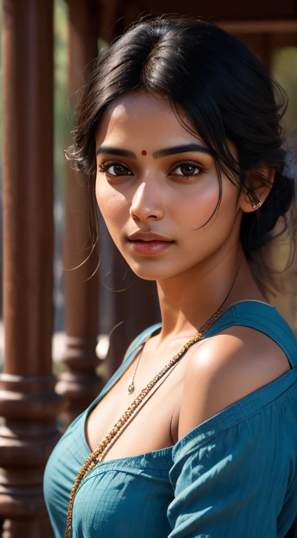 young Indian girl, 25-year-old, blue top, gentle lighting, intricate facial details, flawless complexion, top-notch 3D rendering, hyper-realistic, shot on Indian road. photorealistic digital art trending on Artstation 8k HD high definition detailed realistic, detailed, skin texture, hyper detailed, realistic skin texture, armature, best quality, ultra high res, (photorealistic:1.4),, high resolution, detailed, raw photo, 400 camera f1.6 lens rich colors hyper realistic lifelike texture dramatic lighting unrealengine trending on artstation cinestill 800. Full body pic