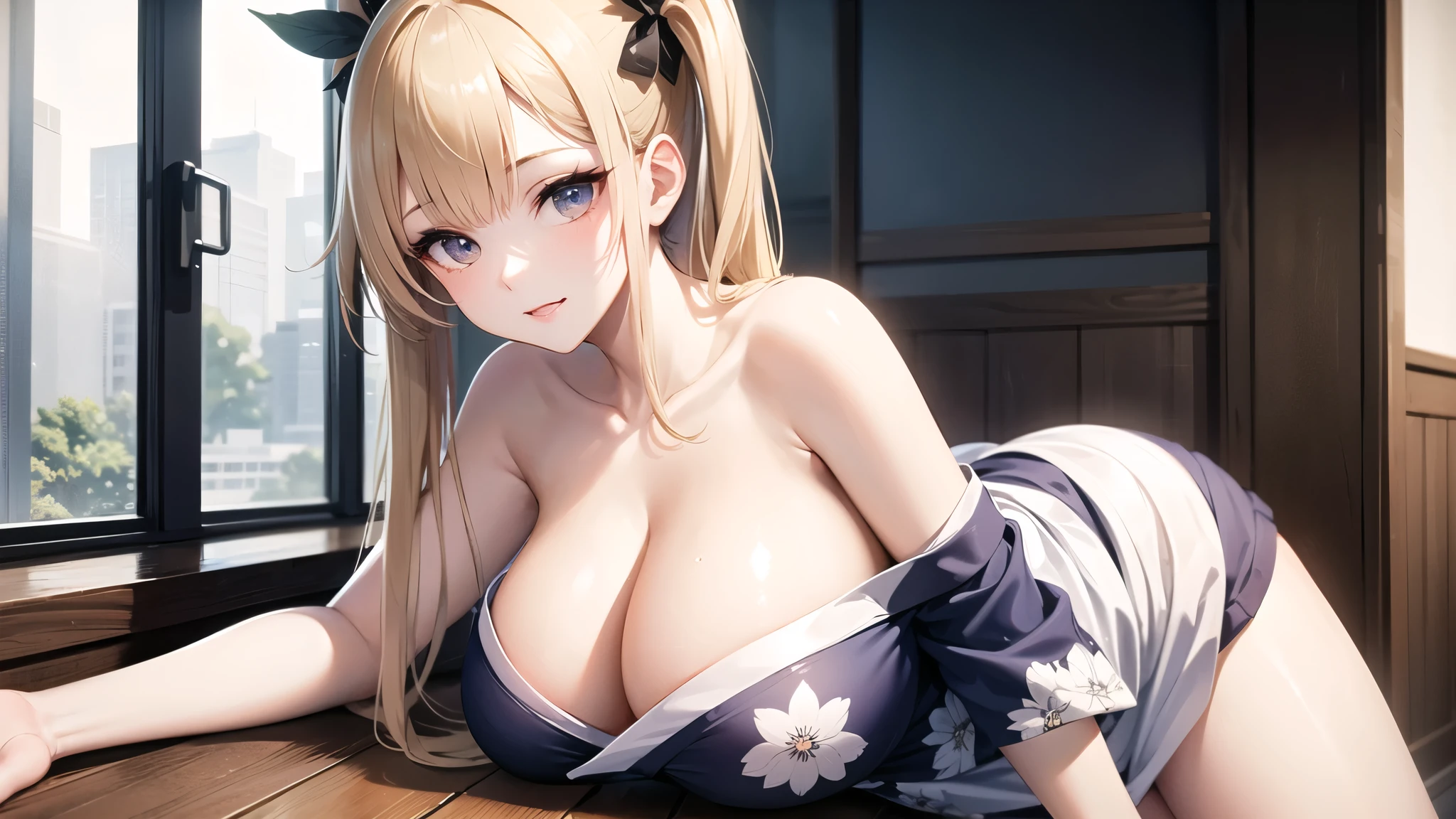 (((masterpiece, best quality))), (((superior quality))), cute girl, ((extremely detailed girl)), ((huge breasts)), yukata, (bare shoulders), strapless top, leaning forward, twin-tail blonde