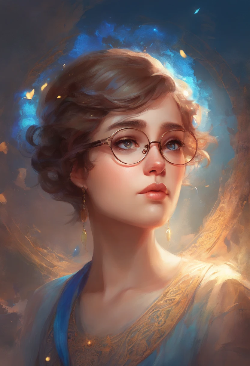 Chubby girl sad Brown short hair glasses blue eyes portrait