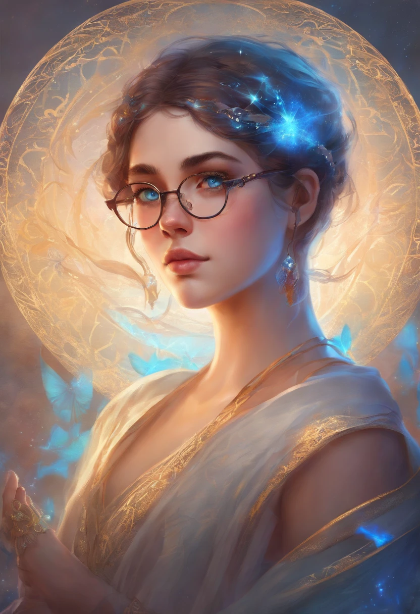 Chubby girl sad Brown short hair glasses blue eyes portrait 