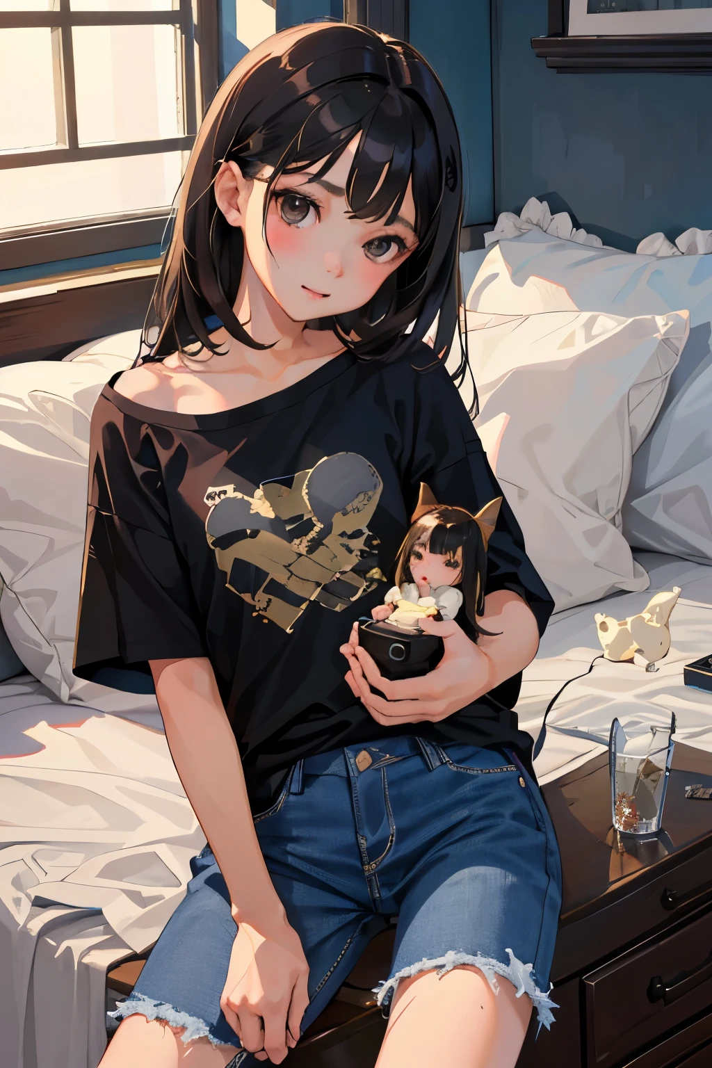 ()，highest quality，Beautiful face in every detail，cute，Dark brown eyes，(背の低いcute女の子，Smallg student，Yoicate girl）,（masterpiece，Top quality)，Black Hair，Sleepy expression，Short sleeve，jeans