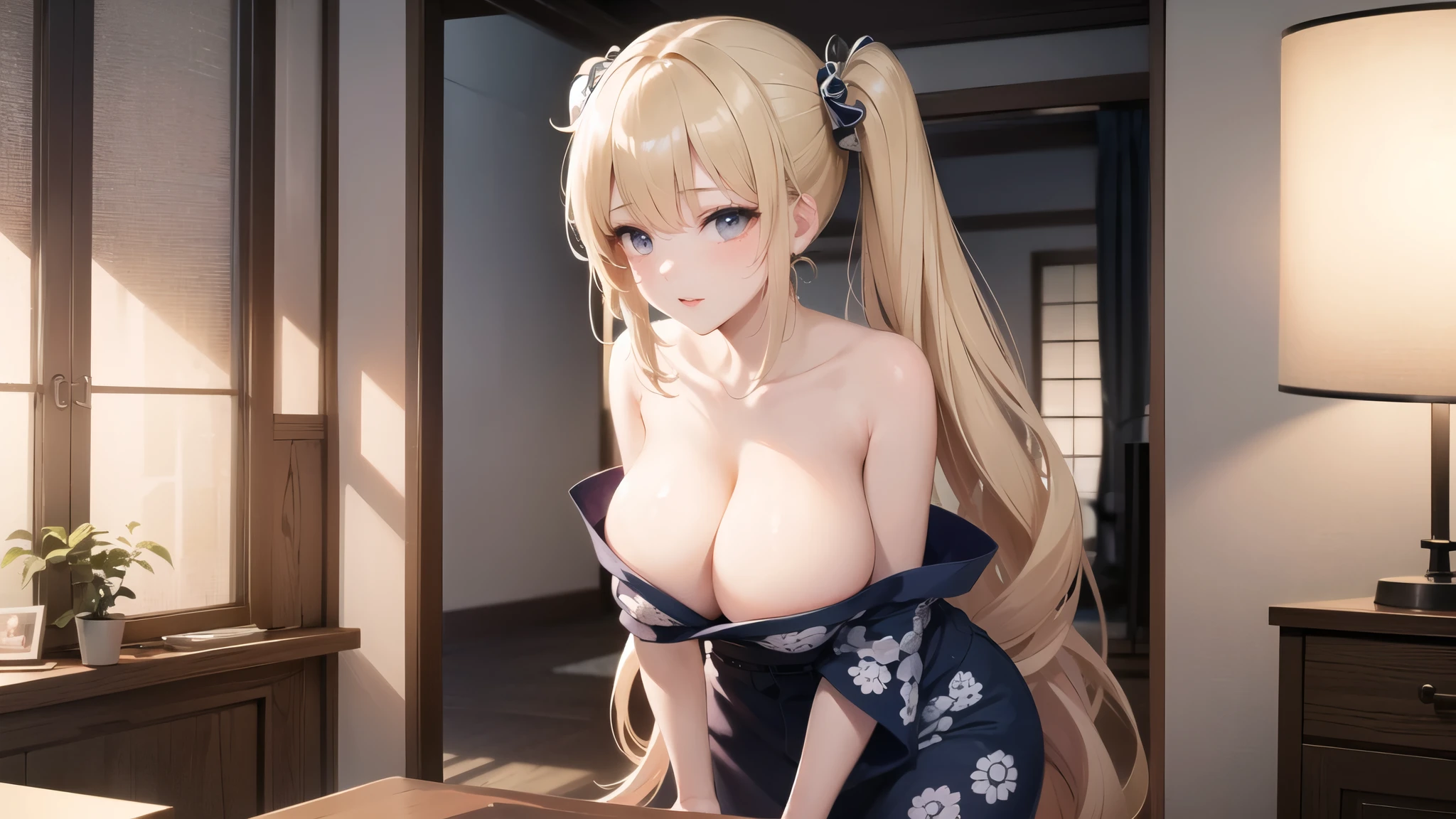 (((masterpiece, best quality))), (((superior quality))), cute girl, ((extremely detailed girl)), ((huge breasts)), yukata, (bare shoulders), strapless top, leaning forward, twin-tail blonde