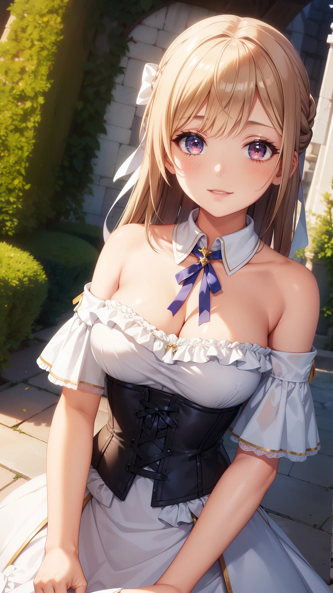 1girl, natural lighting, masterpiece, highly detailed, illustration, game CG, absurdres, high quality, beautiful detailed eyes, glossy lips, natural lighting, medium breasts, klaudia valentz, lace, blush, light smile, garden, corset dress, side slit, off the shoulder