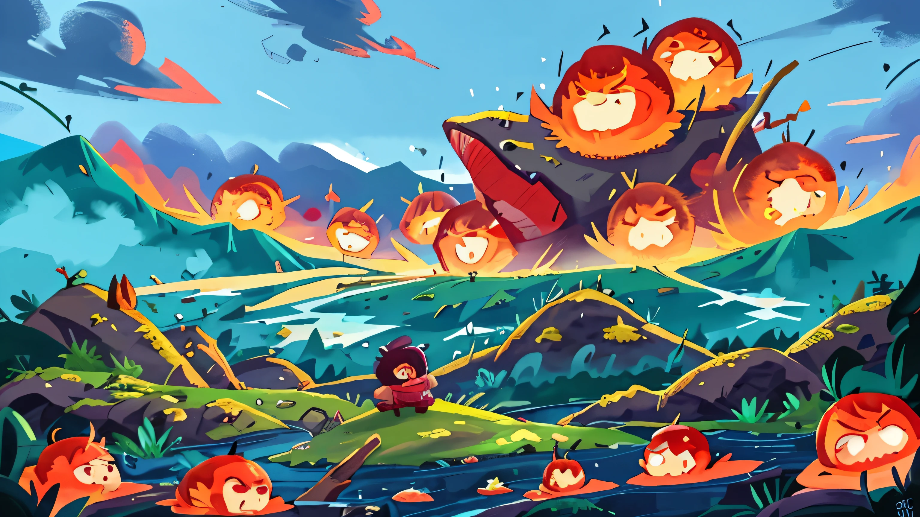 Depict Anger on a volcanic mountain with an intense and dynamic environment. The mountain exudes heat, with streams of molten lava cutting through the rocky terrain. The sky is filled with dark, turbulent clouds, and distant thunder rumbles. The ground occasionally trembles, reflecting the contained and explosive energy of Anger. The scene should capture the fiery passion and intensity.