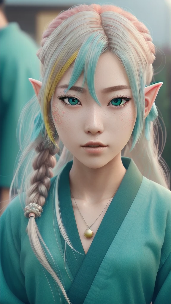 RAW, Realism, hyperrealism, ray tracing, high details, super detail, UHD, 8k, professional photograph, movie photograph, medium shot, Female elf, twenty years old, night, athletic body, soft facial features, long hair, straight hair, (((pacific cyan hair))), (((red eyes faded to yellow))), japanese female uniform, traditional japanese village