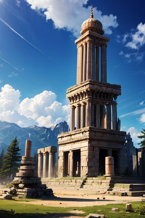 destroyed arabic temple ruins destroyed tower mountain background