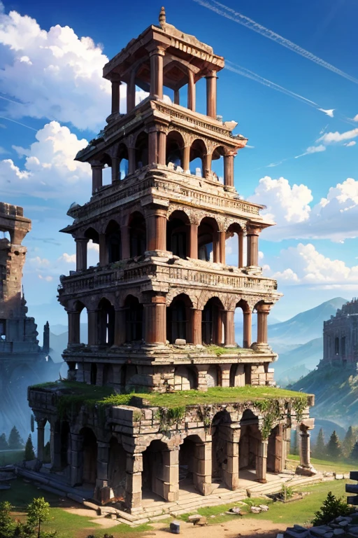 destroyed arabic temple ruins destroyed tower mountain background