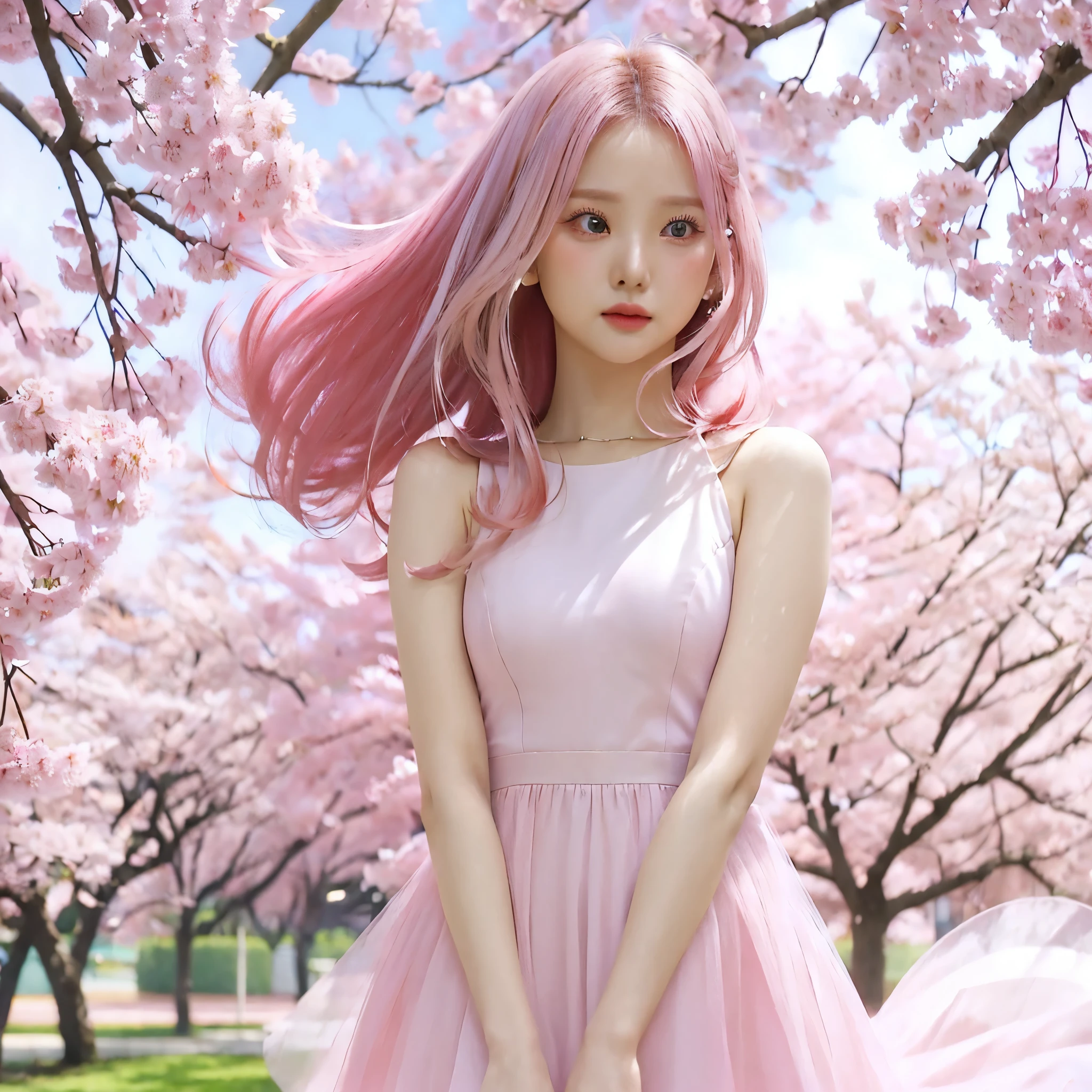 ((1girl)), pink hair, ((fuchsia dress)), short dress, white background, portrait, stand alone, in a park with Sakura trees, close-up 