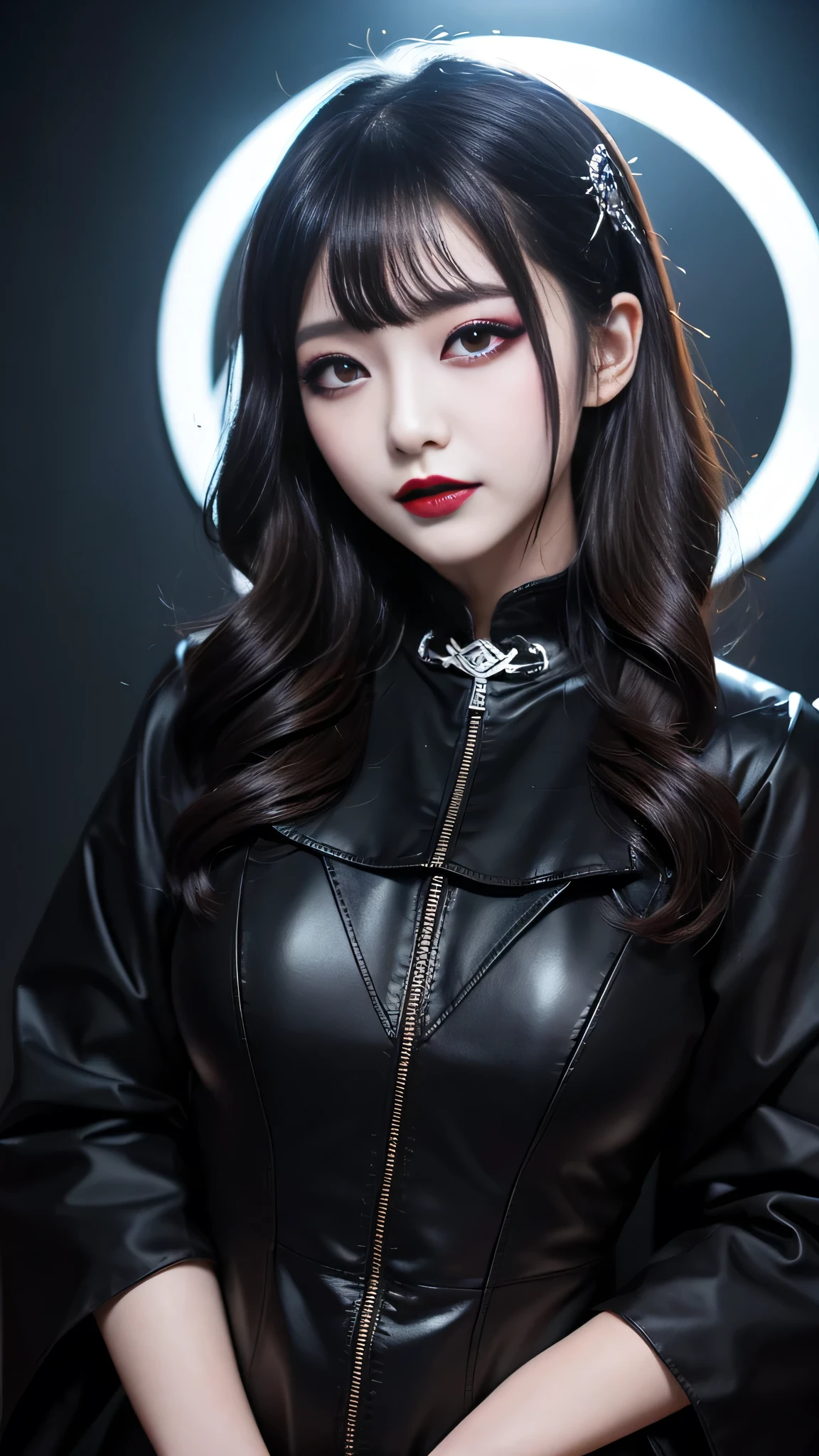 best quality、ultra-detailed、4k、Japanese、Seductive beauty、seductive adult woman、Pretty Woman、cool girl、Villainess、Brainwashed、brainwash、Fallen into evil、smirk、Evil look、Wicked Smile、evil、Brown hair、wavy hair、swept bangs、dark makeup、dark makeup、piercing eyes、hollow eyes,half-closed eyes、Hollow Eyes、purple Eyeshadow、black lipstick、black lipglos、Dark Costume、Costume of Evil、female cadres、night、inside school、Have lipstick、Emblem of Evil、Crest of Darkness、Swear allegiance、I have pledged my allegiance、Dye black、Blackening、Stained with evil、Dyed in darkness、Seduce