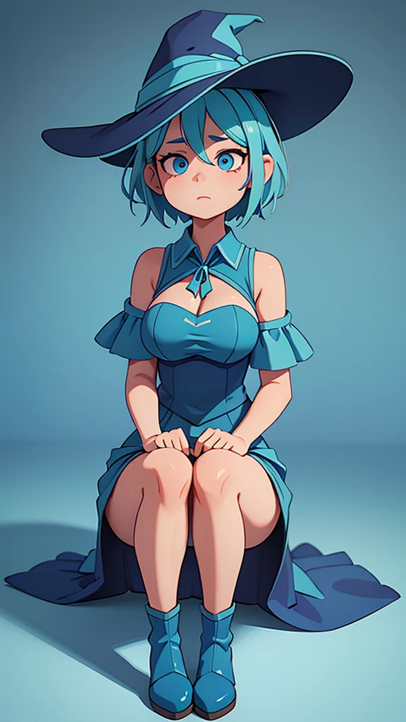  medium breast, Short blue hair. She has blue slanted eyes. Straight hair to the shoulder wearing a large witch hat. Wearing aqua blue laytex outfit with knee high heel, dark castle interior background, sitting on the floor 