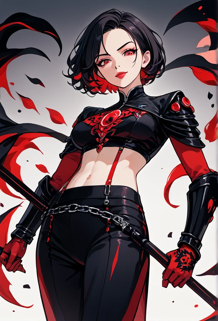 masterpiece, best quality, cowboy shot, view from below, 1girl, looking at viewer, crimson eyes, cool beauty, short hairstyle, black hair, red strands of hair, sharp eyes, mature face, slim body, villain clothes clothes, crazed face, evil smirk, lips, exotic clothes, midriff clothes, fit girl, fit body, wild appearance, wild style, stomping viewer, leg up