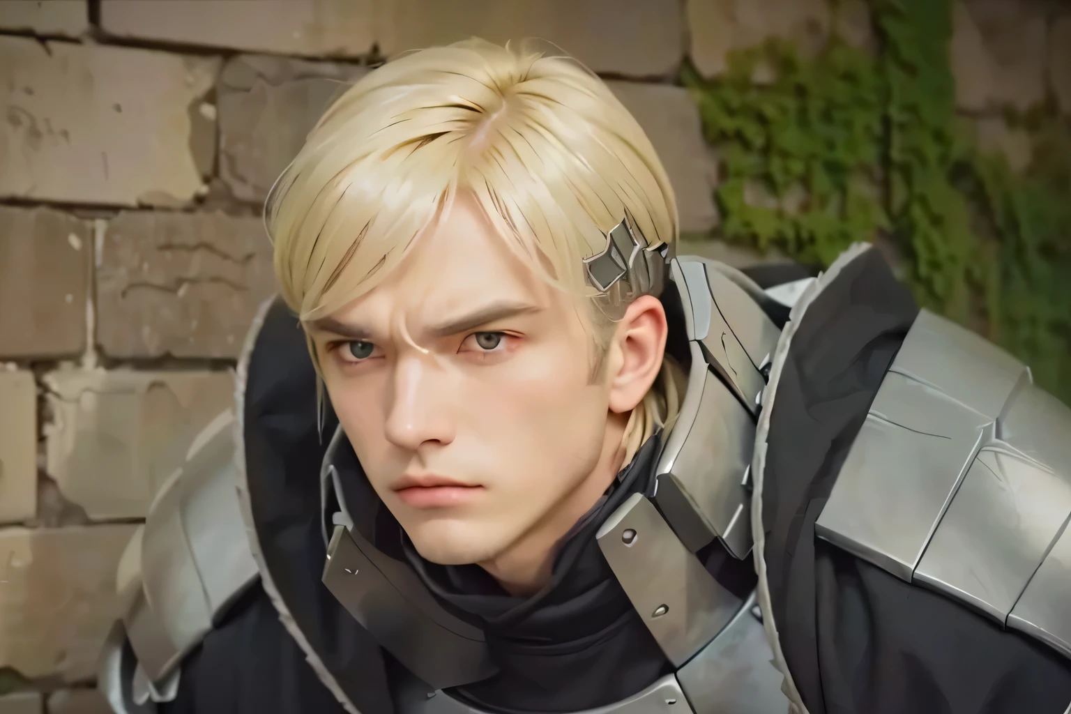 man in a silver armor, blonde hair, yellow eyes, square jaw line, looking forward, mouth half opening, gloomy eyes, frowned eyebrows, caesar cut hair, gloomy face, angry face, serious face, brick wall background with green moss