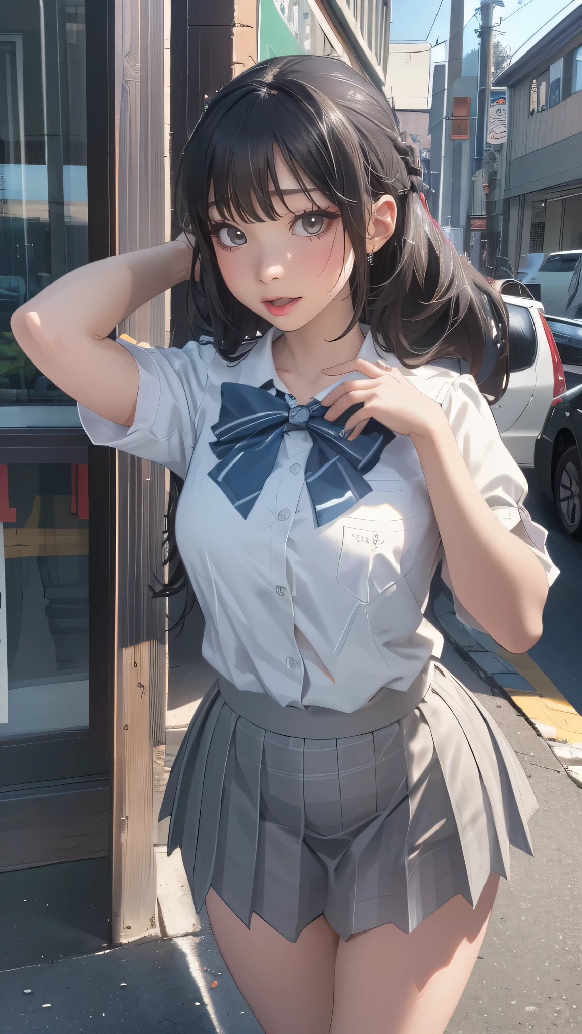 full body,high school girl,(leaning forward:1.2),(random hairstyle),(Highest image quality,(8K), Ultra-realistic, Best Quality, High quality, High Definition, high quality texture, high detailing, Beautiful detailed, fine detailed, extremely details CG, Detailed texture, realistic representation of face, masterpiece, presence)