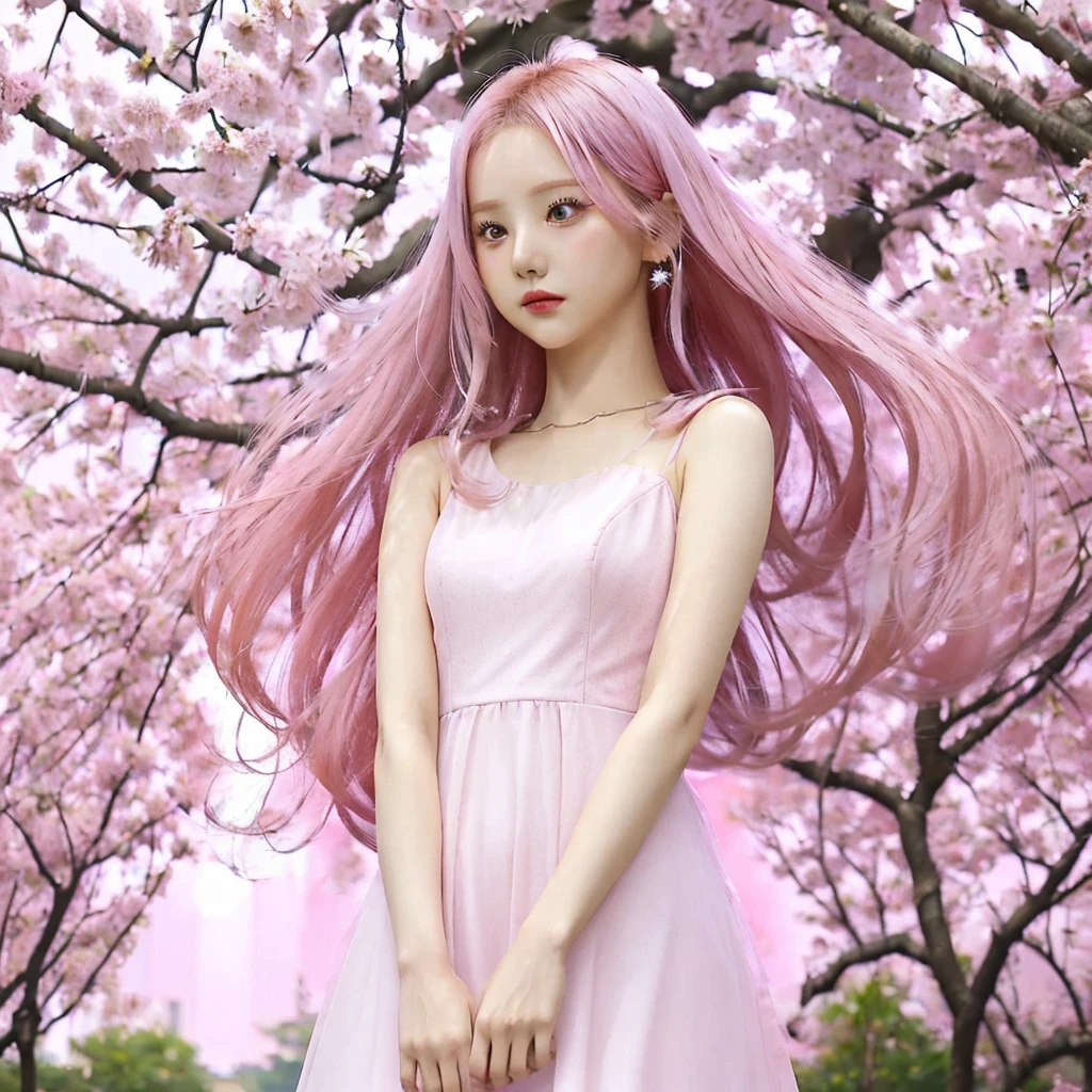 ((1girl)), pink hair, ((fuchsia dress)), short dress, white background, portrait, stand alone, in a park with Sakura trees, close-up 