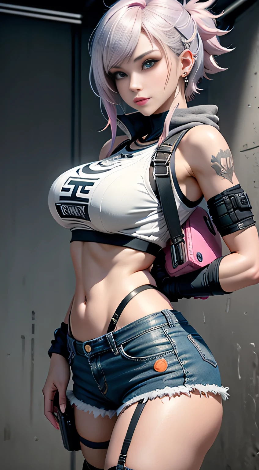 sfw, gwen tennyson,tracer,yorha 2b,y'shtola rhul,overwatch,nier automata,mecha pilot,shopping center,tattoos,orange and pink plugsuit,white short sleeve top,denim micro shorts,fishnet garter belt, uncovered belly,short hair,cute makeup,green eyes,multicolored silver hair,sexy smile,freckles,beautiful girl,large breasts,8k,ultra detailed, realistic,fantasy art,skater uniform,ear piercings,cyberpunk suit,saiyan girl, saiyan female,pink short sleeve sport hoodie,bear ear beanie,graffiti wall art,walking,small backpack, wearing bra,((skinny waist)), young asian girl, ((big breasted)),