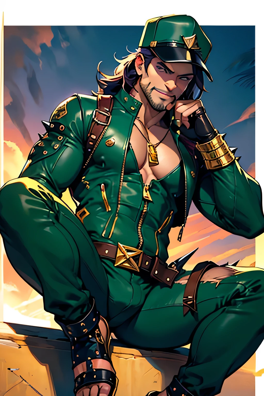 ((best quality)), ((masterpiece)), (detailed), indian, very long dark purple hair, tinted sunset small circular round sunglasses, leather dark green bodysuit spikes,very spiky shoulder pads with gold plate, spiky gold knee pads with angry faces, muscle, boob window, cute cartoon cap hat with dragon faeatures, gold high heels with spikes, ripped bodysuit pants to show skin, zippers on pants, chest hair, cleavage, dragon teeth necklace, spikes, rips, zippers, sunset iris eyes shiny, playful, male, masculine, full finger golden rings, tight clothing, golden chains, belt, gold jewelry , side beard, gold piercings, gold rings, leather gloves, bdsm, dominant, sexy, golden piercing , dark green clothing, hairy, sports cap, dark green leather, small bulge, bara, green leather biker bodysuit, open toe sandal, full arm covered, claws, all green outfit, monochromatic outfit, sunset background, golden claws rings, shark teeth, arm zipper window, pose leg up, gay, bodysuit, tight bodysuit, long sharp golden nails, looking at camera, smiling, confident, boob window, golden jewlery, golden pads, golden details