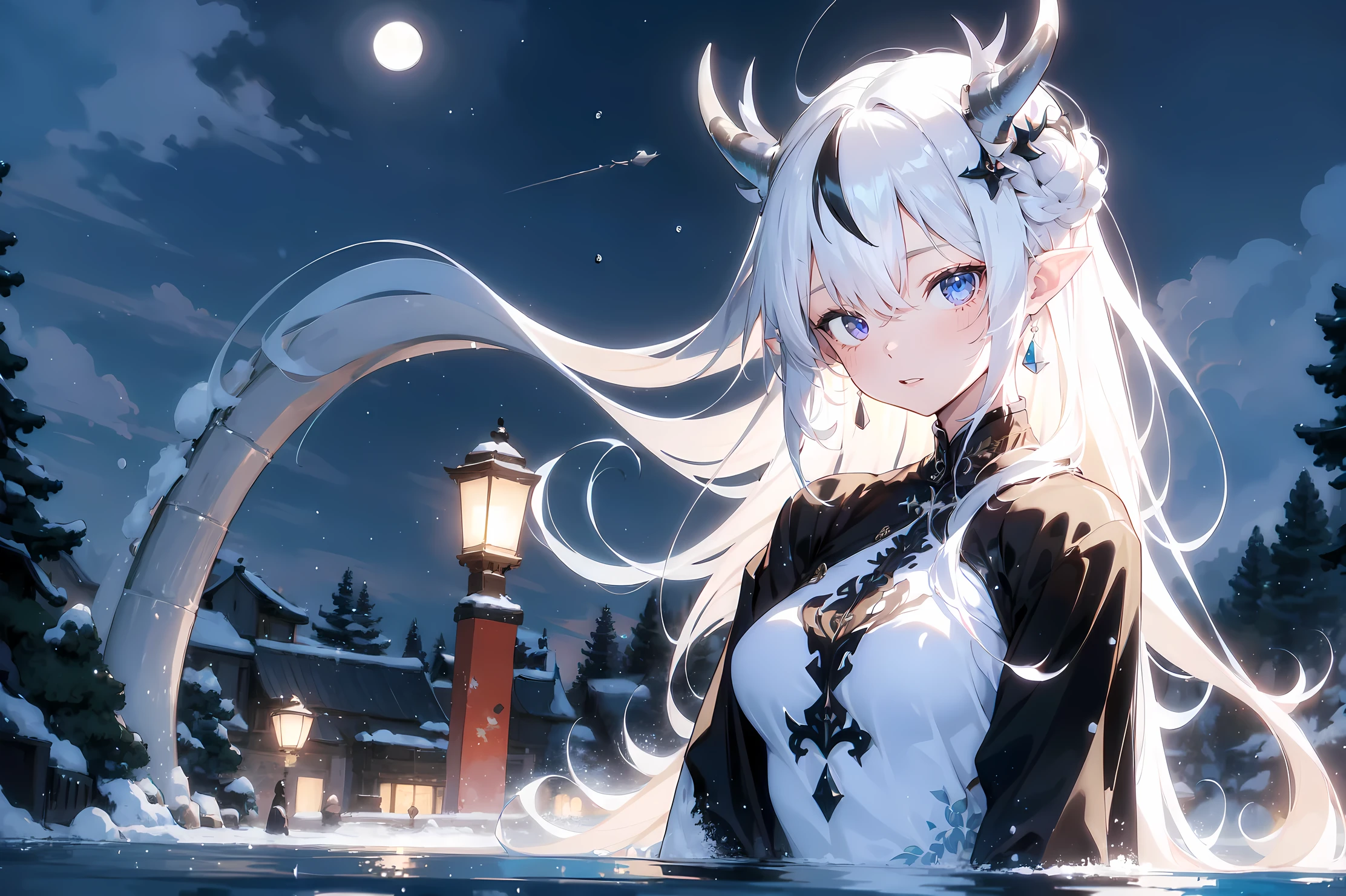 (best quality, highres, masterpiece : 1.4), (arknight), (flatten art : 0.8), masterpiece, (best quality), dark environment, 1woman, anime, long hair, white hair, straight hair, horns, pale skin, dark eyes, pointy ears, tall, white ao dai, medium sized breast, enticing face, (detailed face), (intricate hand),(detailed hand), solo, lake, mystical atmosphere, night, walking on water, snow, winter, close-up
