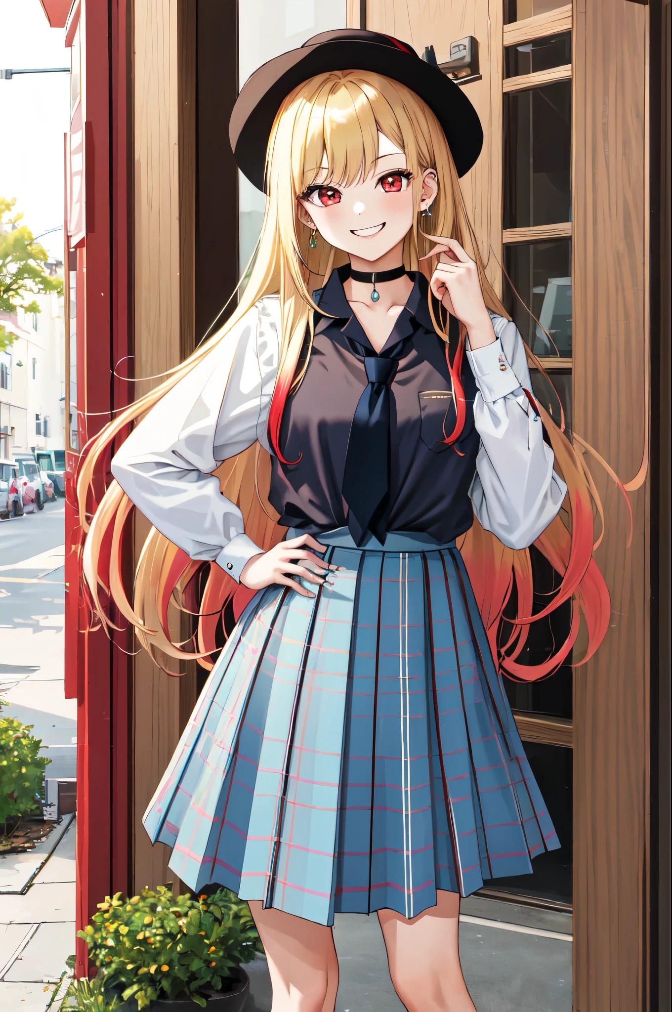 masterpiece, best quality, highres, kitagawa marin, 1girl, blonde hair, long hair, multicolored hair, red eyes, jewelry, earrings, piercing, , white shirt, tied shirt, black choker, blue necktie, plaid skirt, grin, smile, standing, cowboy shot, outdoors,