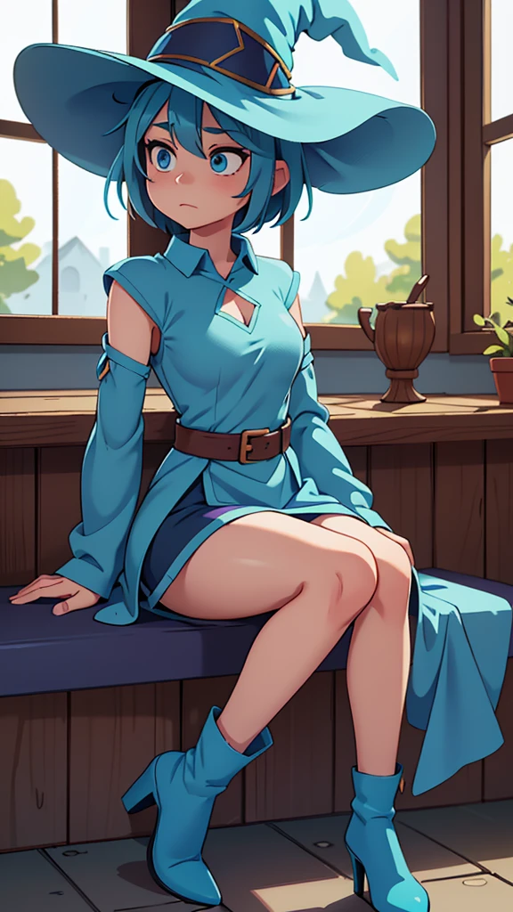  medium breast, Short blue hair. She has blue slanted eyes. Straight hair to the shoulder wearing a large witch hat. Wearing aqua blue laytex outfit with knee high heel, dark castle interior background, sitting on the window sill 