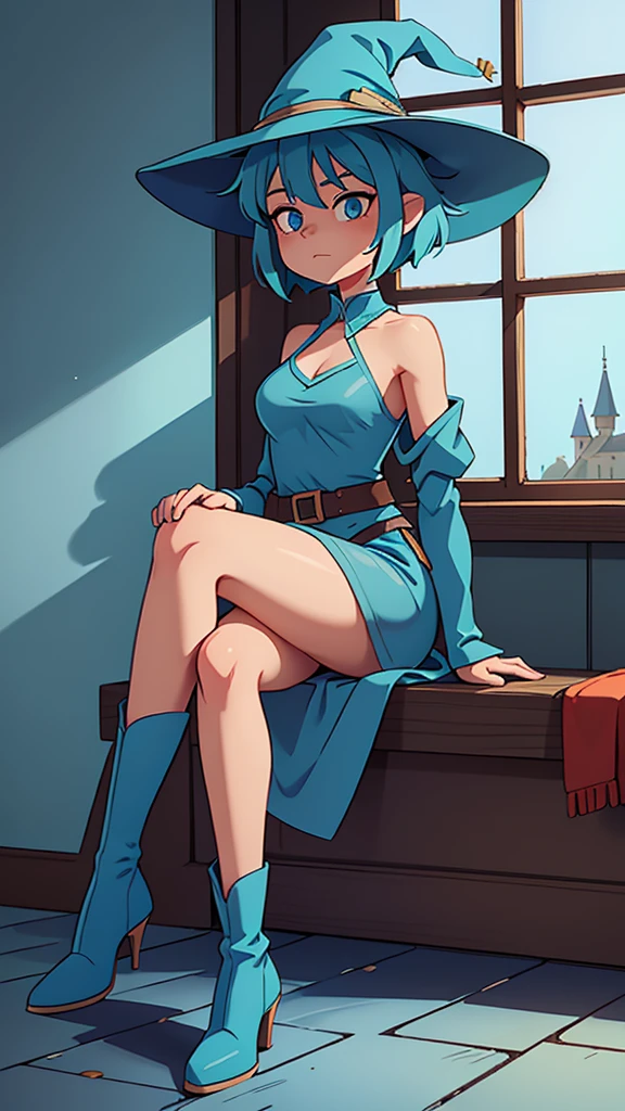  medium breast, Short blue hair. She has blue slanted eyes. Straight hair to the shoulder wearing a large witch hat. Wearing aqua blue laytex outfit with knee high heel, dark castle interior background, sitting on the window sill 