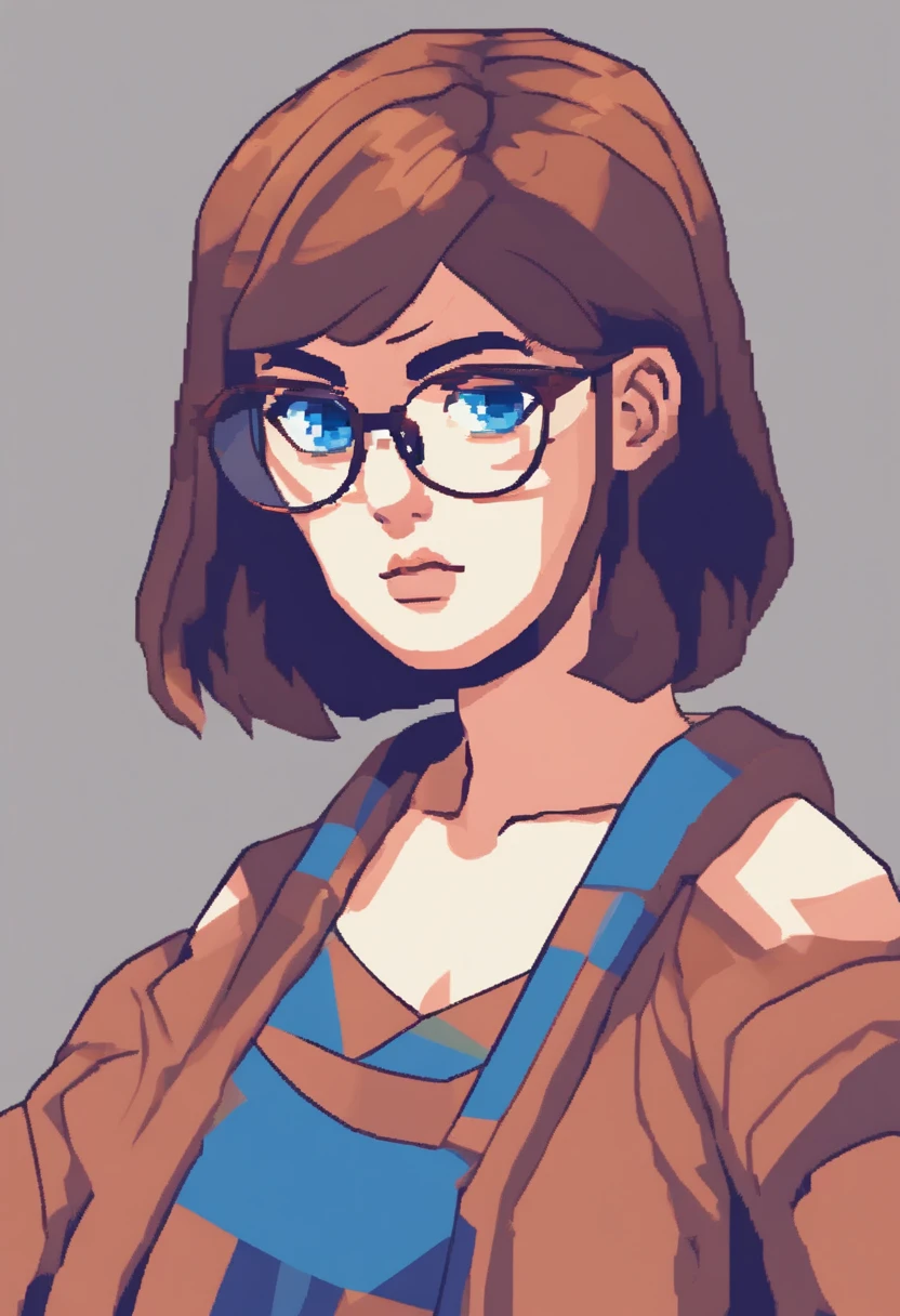 Chubby girl sad Brown short hair glasses blue eyes portrait 