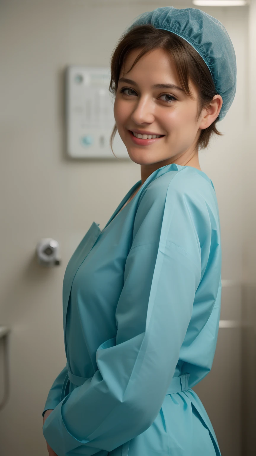 A Realistic Portrait, of a russian teenager girl, pediatric patient ,,, Beautiful, detailed face, detailed eyes, (realistic skin:1.3), (pale skin:1.1), (textured skin:1.3), (()), big smile, (iphone photograph),  ), (artificial lighting:1.3),  looking at the camera, , amateur Photography, Photorealistic, Detailed, analog, poor quality, standing in medical change room, beautiful face, big eyes, big smile, detailed face, wears teal nylon patient gown with  , putting long patient gown on, back-tied patient gown,, high closed crew-neck, bokeh, all wearing large teal nylon bouffant cap , , large surgical bouffant cap covering hair and ears, ultra-short hair fully covered by nylon shower cap, no hair tails, standing in hospital room