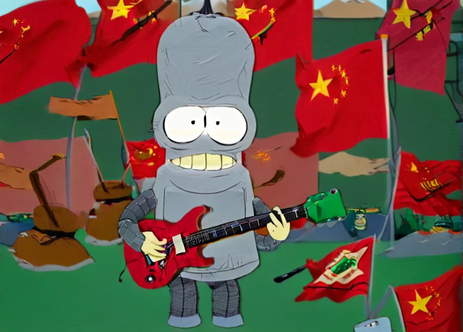 Bender playing Electric Guitar in Chinese Flags Background 