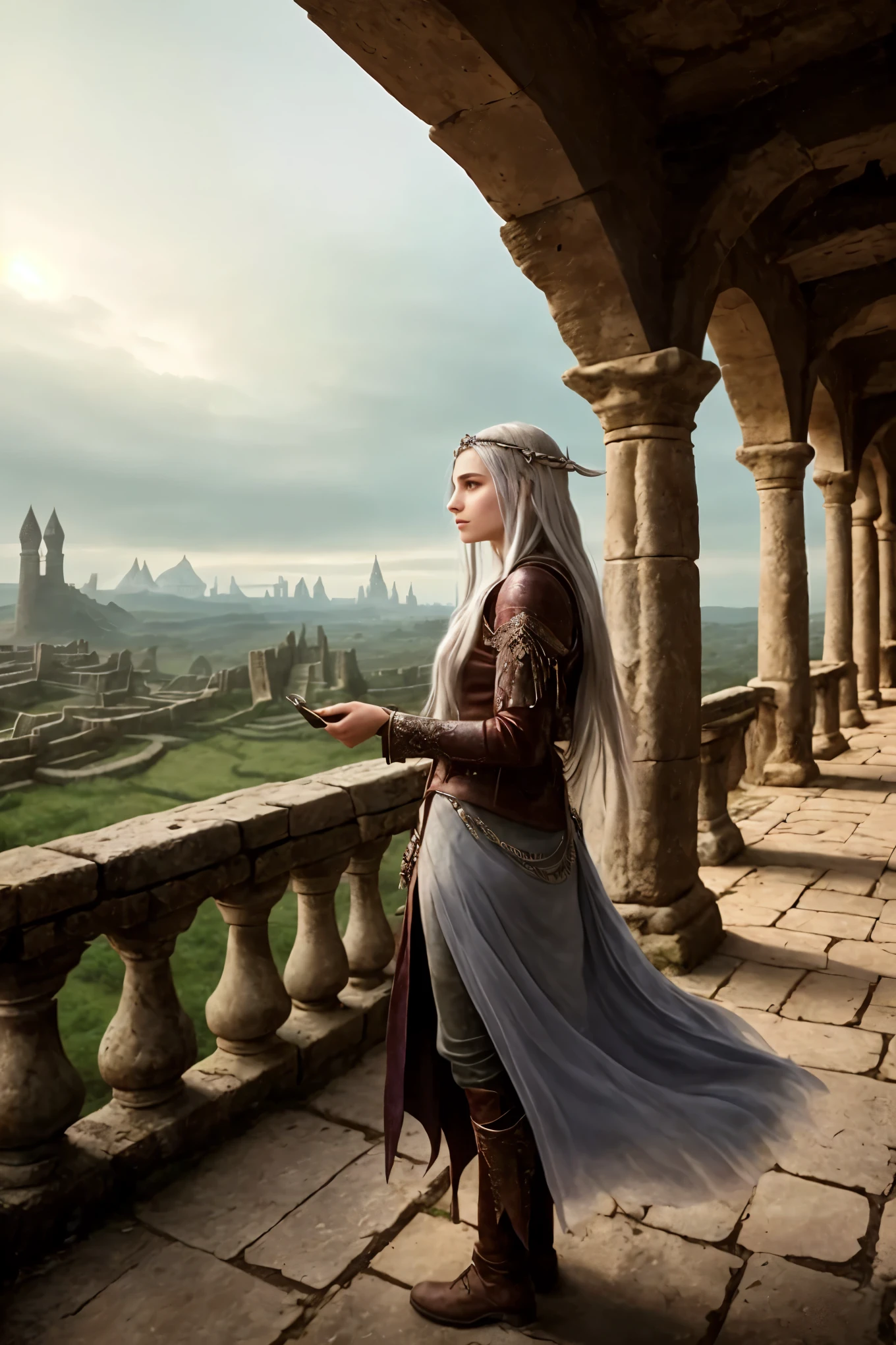 A youthful enchantress with cascading silvery locks, adorned in a rugged leather hunting attire, stands steadfast before the ancient city gates. Surrounding her is a spectral chorus of wandering souls, relentlessly assailing her from every corner, yanking at her spirit and weaving intricate traps for her feet with unseen tendrils. The desolate backdrop of the city walls fades into a blurry oblivion, serving as a stark contrast to the spectral chaos that envelops the enchantress in this haunting scene. This ethereal image, captured with meticulous precision, is a masterpiece of unparalleled realism, show