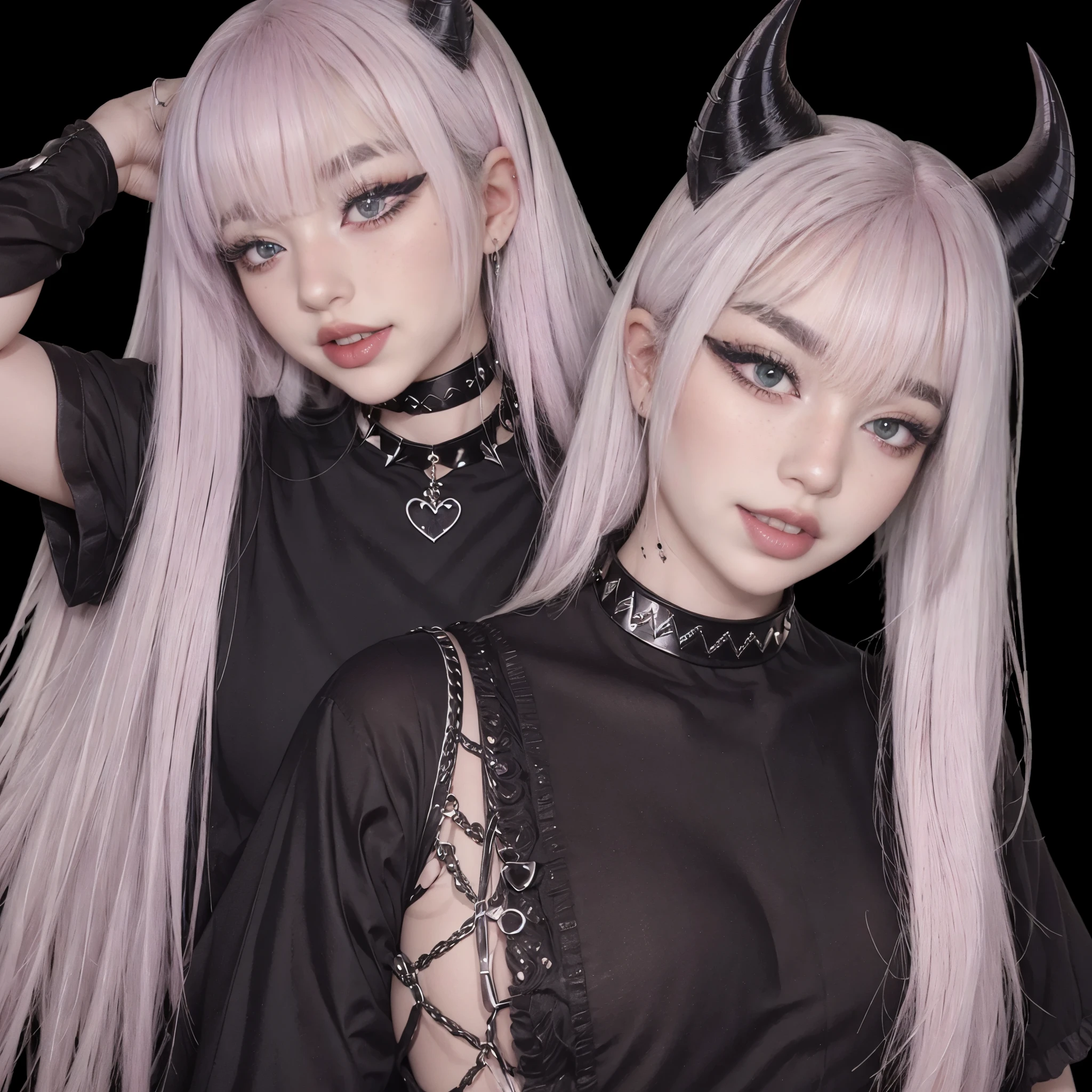 1girl, egirl, white hair, straight hair, freckles, devil horns, gothic dress, dog collar, eyeliner, mascara, eye shadow, smoky eyes, pink eyes, nose ring, smile, teeth, bedroom full hd 4k