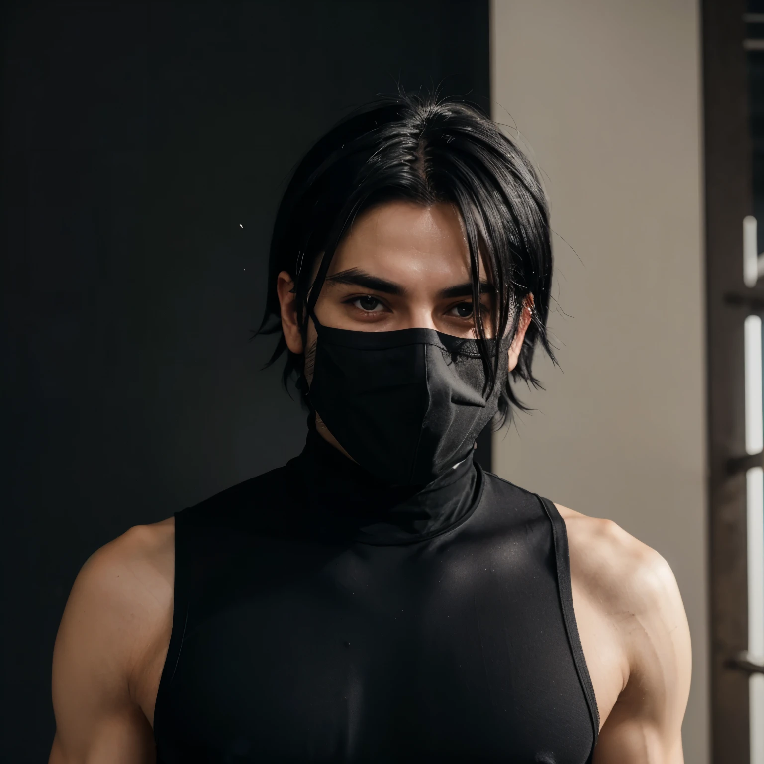 Male character with white hair and messy black hair at the ends, He wears tight clothing on top, showing his muscles, he wears long black pants, he wears a mask on his face, covering his entire face with a smile and round eyes that are breathtaking