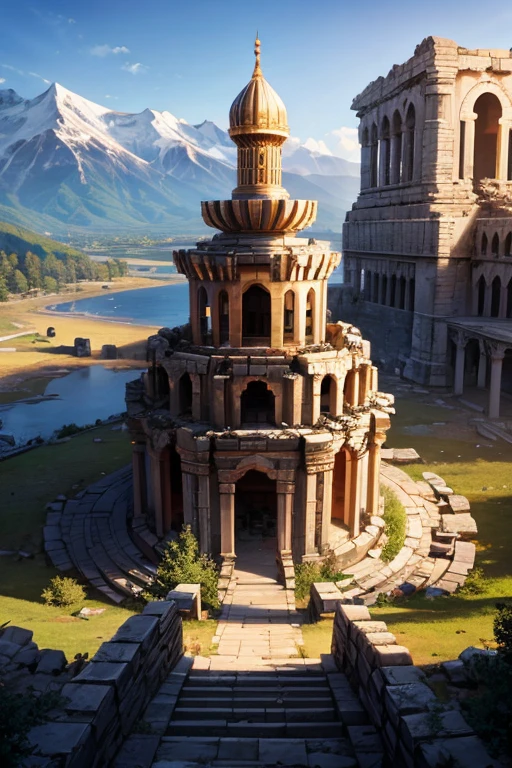 destroyed arabic temple ruins destroyed tower mountain background