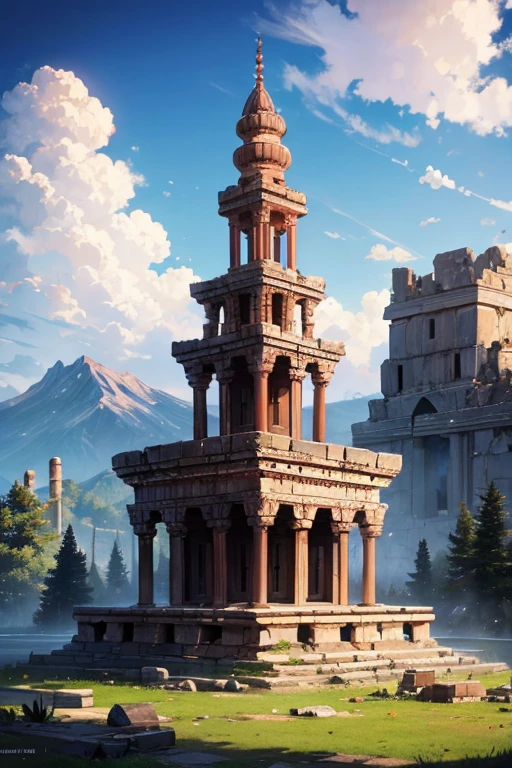 destroyed arabic temple ruins destroyed tower mountain background