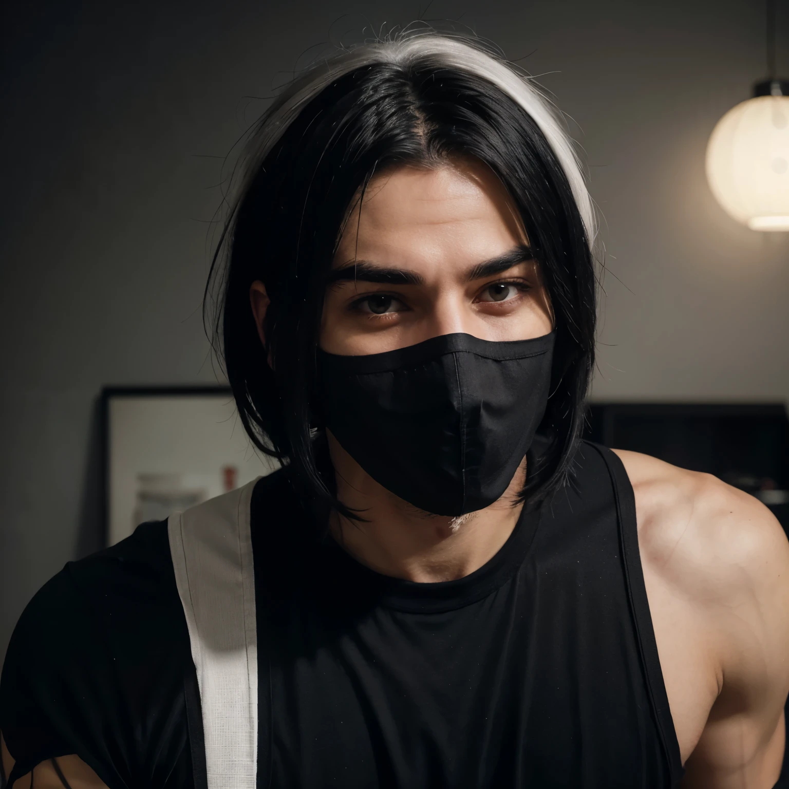 Male character with white hair and messy black hair at the ends, He wears tight clothing on top, showing his muscles, he wears long black pants, he wears a mask on his face, covering his entire face with a smile and round eyes that are breathtaking 