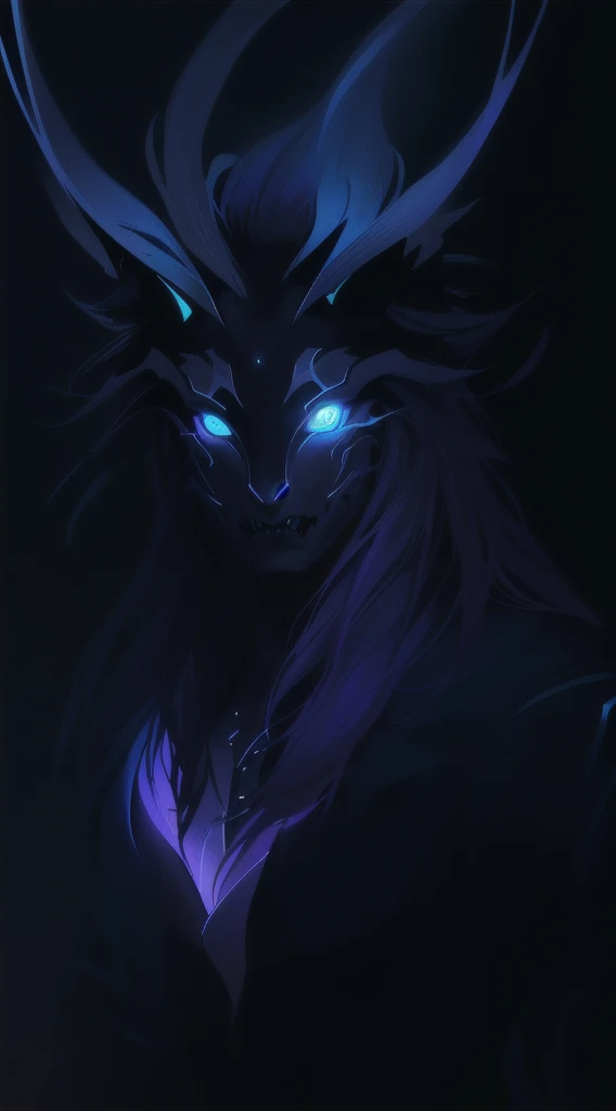 Close up of an extraterrestrial male creature with four eyes and animalistic features, anthro alien guy, extra set of eyes, glowing blue eyes, pitch black skin with luminescent marks, unnatural skin tone, big animal ears, wide animalistic nose, sensory tendrils on top of the head with glowing tips, protruding fangs, wide mouth, head covered with long purple feathers instead of hair, calm face expression, painted in the style arcane, epic fantasy art style, cinematic lighting, sparkle, glowing light, ray tracing, dark tones, contrast colors, atmospheric background, high definition, high details, high quality