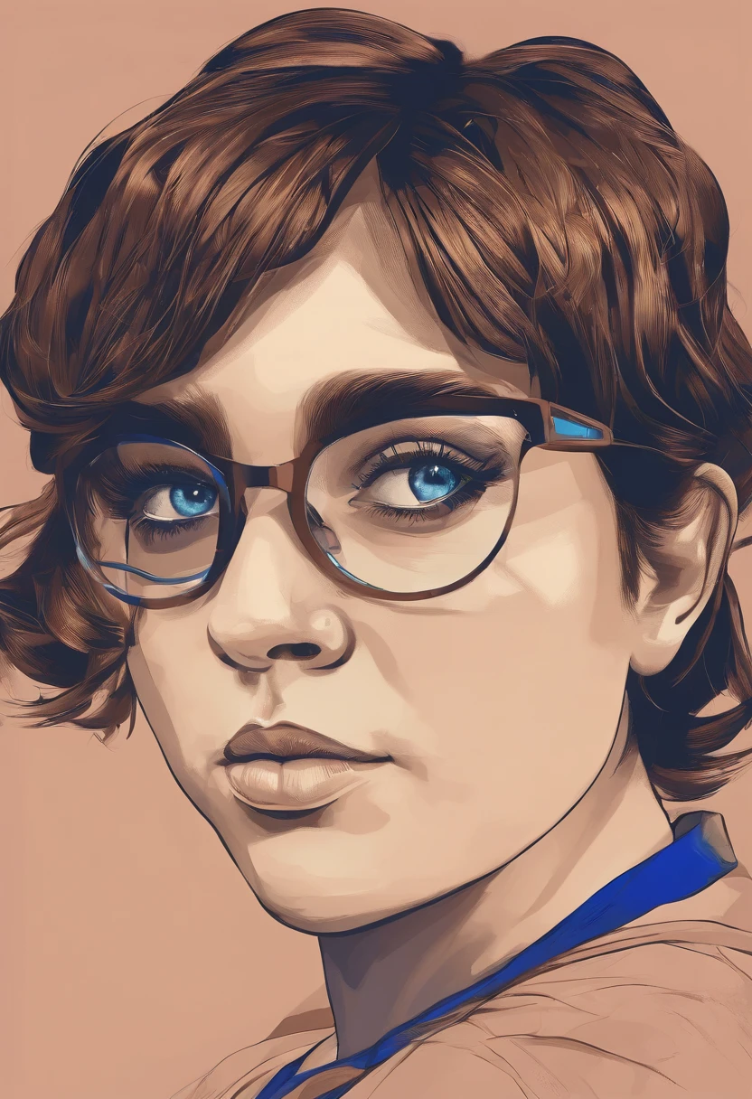 Chubby girl sad Brown short hair glasses blue eyes portrait