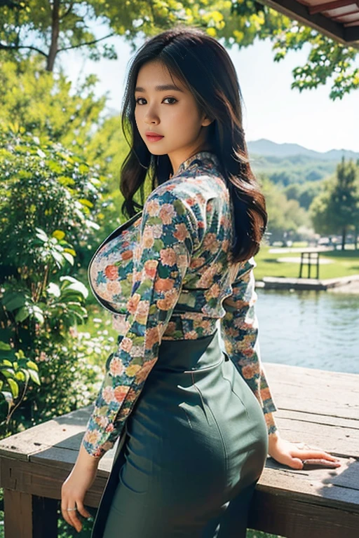 ((Best Quality, 8k, Masterpiece:1.3))), Crisp Focus: 1.2, (Beautiful 20years old Japanese beautiful only 1girl face.with very large big breast hanging, and a Perfect Figure: 1.4) , Highly Detailed Face and Skin Texture., Detailed cute Eyes, Double Eyelids , Long Hair, acmm ls outfit, wearing acmm top, olive red acmm top, long sleeves, wearing acmm long skirt, olive red acmm long skirt, printed skirt, garden background with green tree.view from behind.ultra HD.