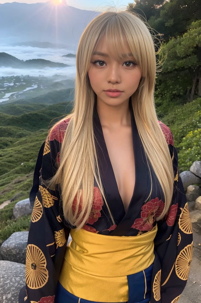 gyaru, dark-skinned, shiny oiled skin, blond hair, wearing japanese kimono, in the top of mountain, deep fog, at sunrise, sunshine
