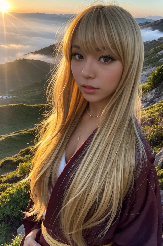gyaru, dark-skinned, shiny oiled skin, blond hair, wearing japanese kimono,  in the top of mountain, deep fog, at sunrise, sunshine