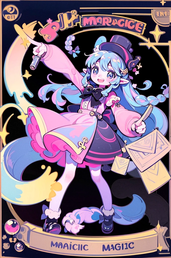 masterpiece, best quality, extremely detailed, detailed background, detailed face, smiling, dynanmic pose, parted bangs, 1girl, solo, long hair, white background, magical dress, letter, full body, very long hair, simple background, envelope, bow, braid, hair bow, looking at viewer, pointy ears, standing, ((pointing gun at viewer)), hair ornament, long sleeves, pink dress, black footwear, green bow, grey hair, animal ears, hat, brown eyes, love letter, holding envelope, iridescent hair, 