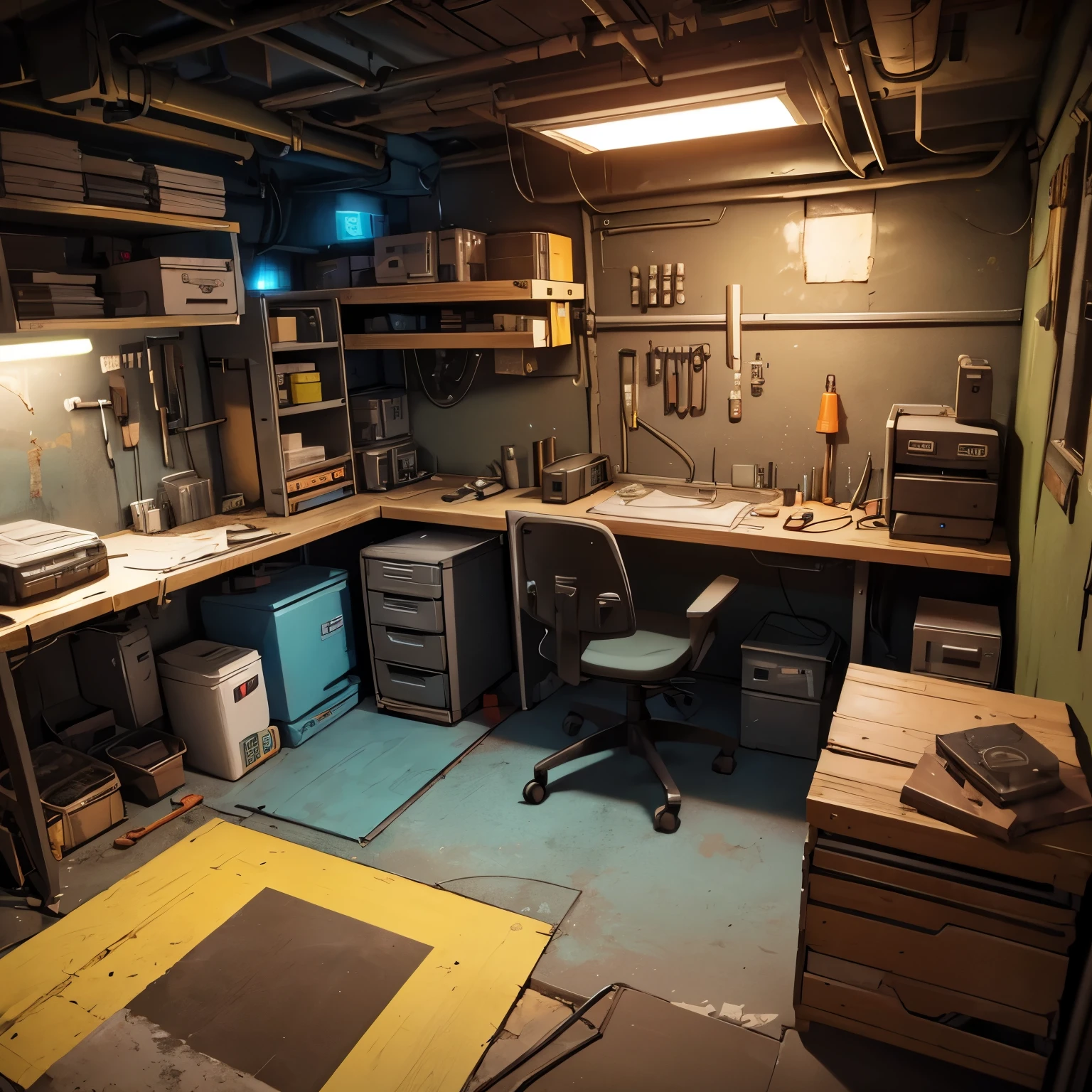 cyberpunk basement workshop, tiny cyberpunk bedroom, cozy little room