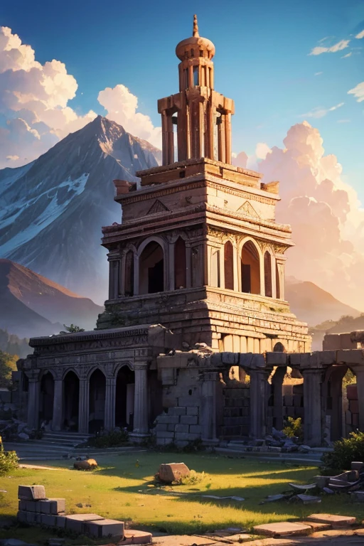 destroyed arabic temple ruins destroyed tower mountain background