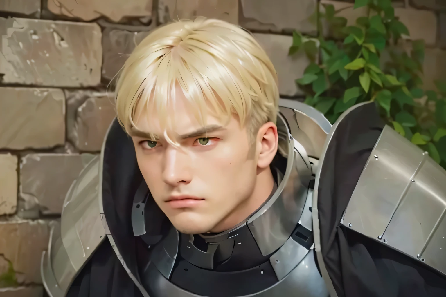 man in a silver armor, blonde hair, yellow eyes, square jaw line, looking forward, mouth half opening, gloomy eyes, frowned eyebrows, caesar cut hair, gloomy face, angry face, serious face, brick wall background with green moss, short hair, full metal armor