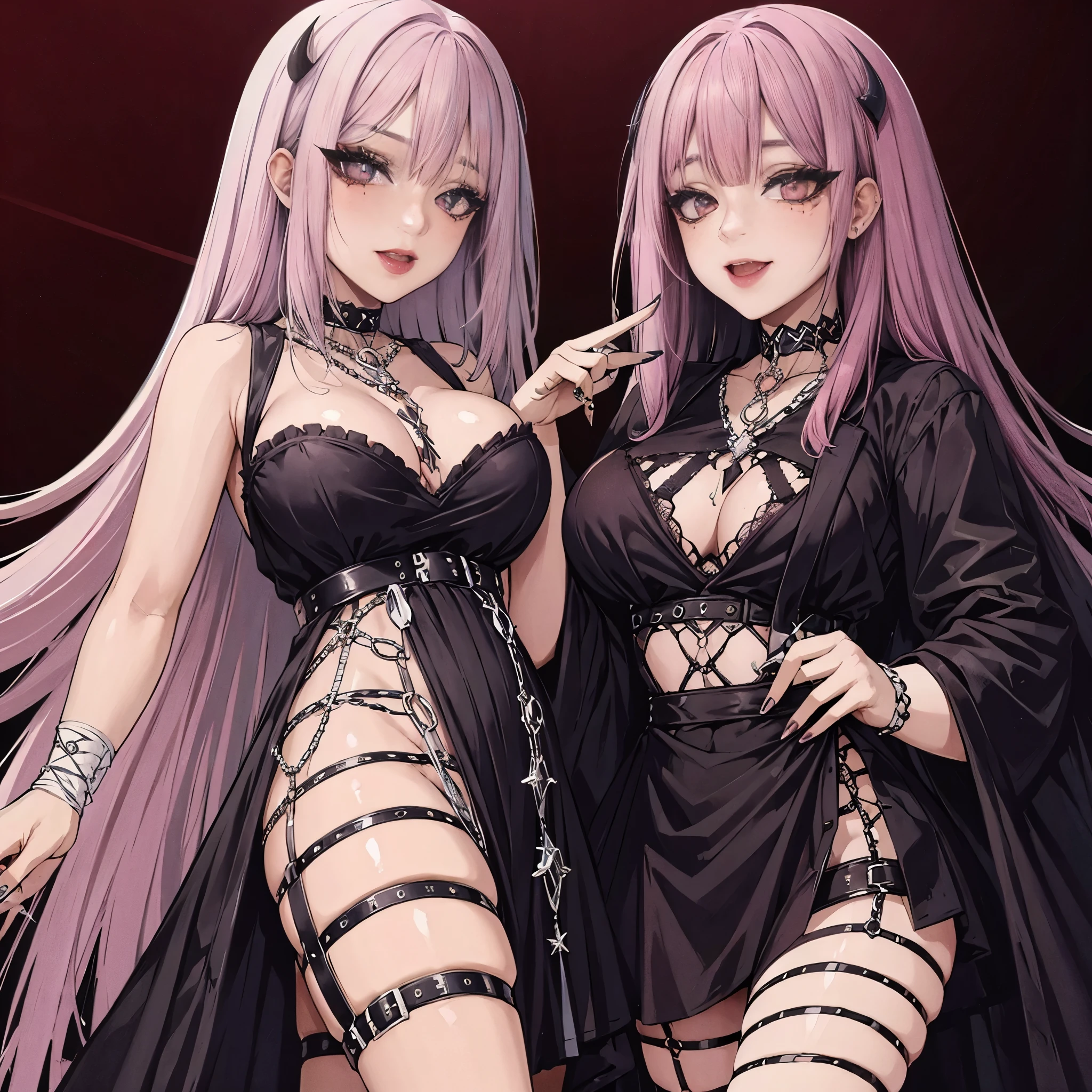 egirl, white hair, straight hair, freckles, devil horns, gothic dress, dog collar, eyeliner, mascara, eye shadow, smoky eyes, pink eyes, nose ring, smile, teeth, bedroom full hd 4k