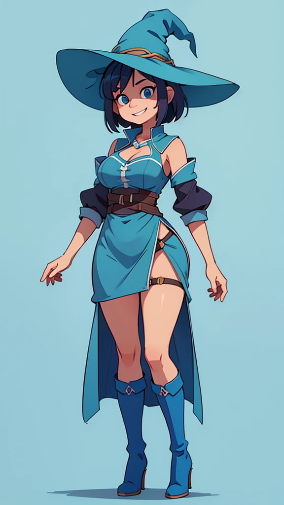 medium breast, Short blue hair. She has blue slanted eyes. Straight hair to the shoulder wearing a large witch hat. Wearing aqua blue laytex outfit with knee high heel, dark castle interior background, smiling, upper body